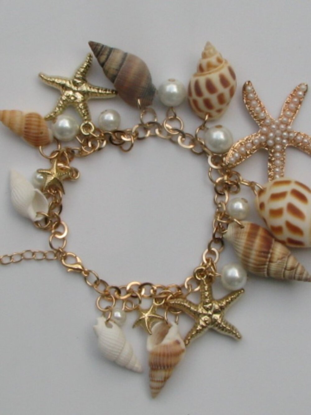 Gold Shell Starfish Faux Pearl Beach Dangle Charm Bracelet